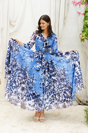 Aster Dress Shirt Collar 3/4 Sleeve Midi Plus Length Cotton Musola (Picasso Mono Flower White Multi)