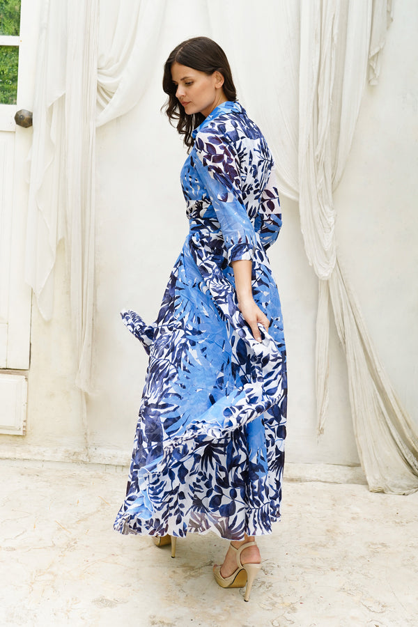 Aster Dress Shirt Collar 3/4 Sleeve Midi Plus Length Cotton Musola (Picasso Mono Flower White Multi)