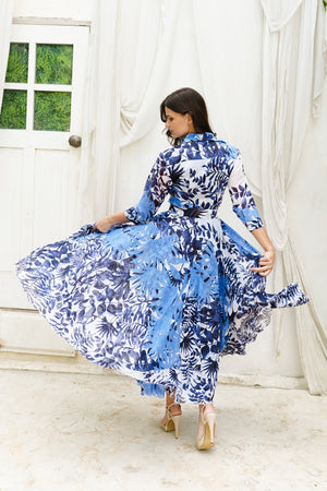 Aster Dress Shirt Collar 3/4 Sleeve Midi Plus Length Cotton Musola (Picasso Mono Flower White Multi)