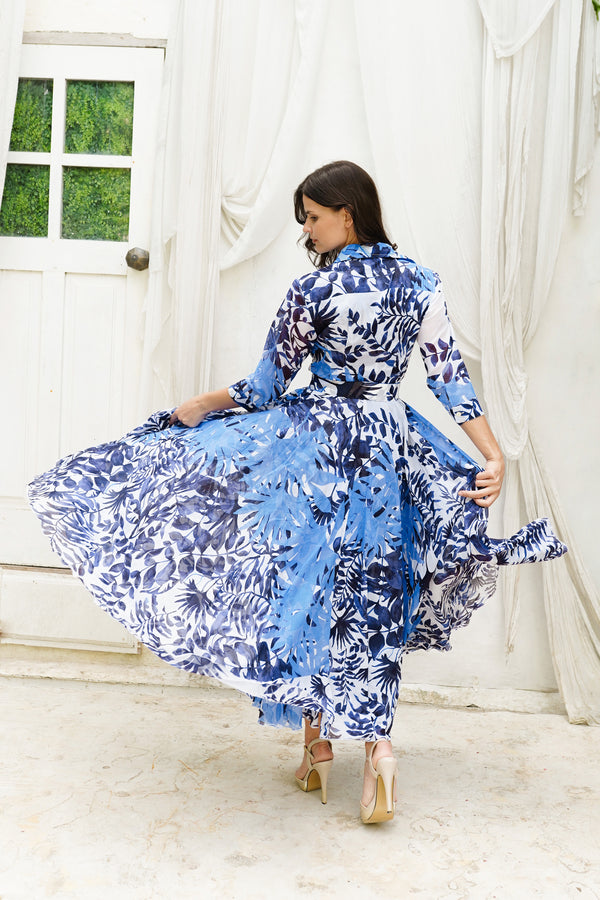 Aster Dress Shirt Collar 3/4 Sleeve Midi Plus Length Cotton Musola (Picasso Mono Flower White Multi)