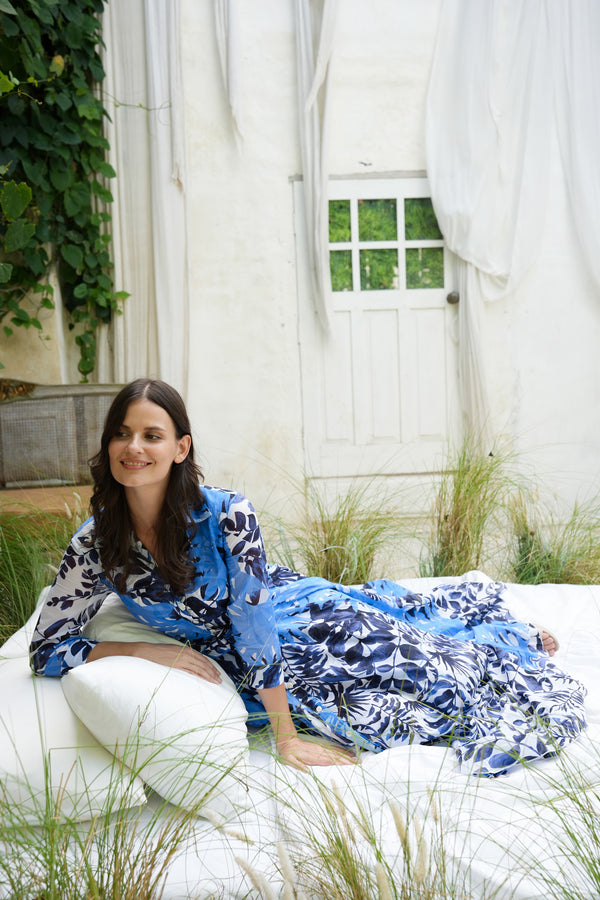 Aster Dress Shirt Collar 3/4 Sleeve Midi Plus Length Cotton Musola (Picasso Mono Flower White Multi)