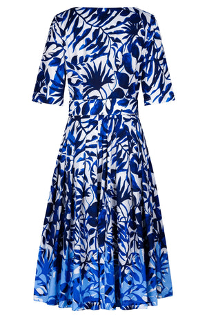 Audrey Dress #2 Boat Neck 1/2 Sleeve Long Length Cotton Stretch (Picasso Mono Flower White Multi)