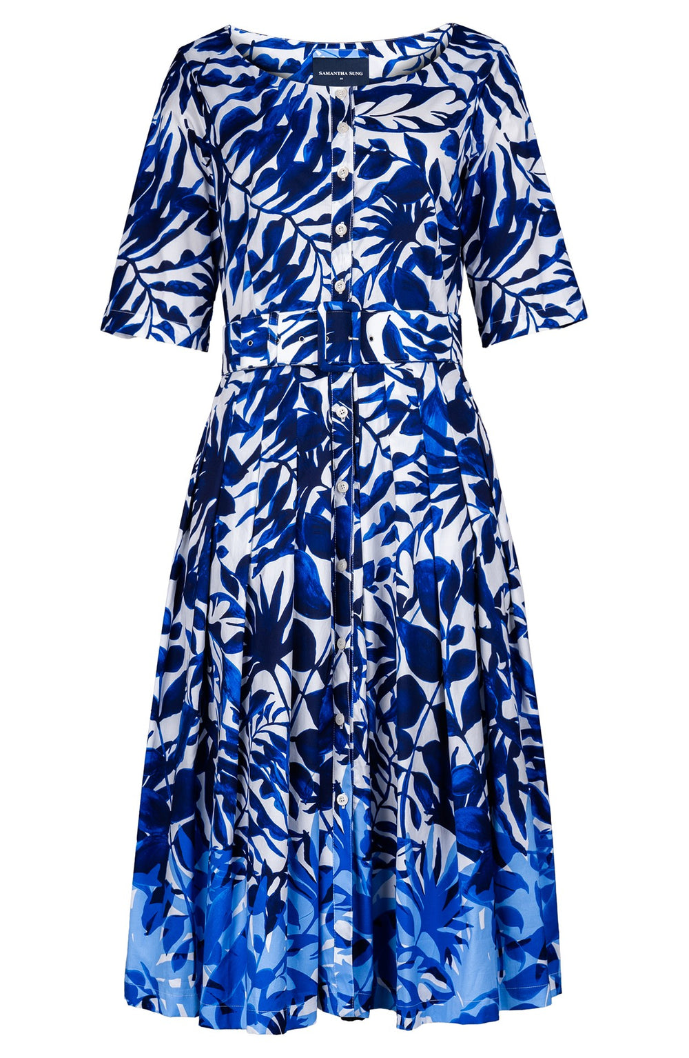 Audrey Dress #2 Boat Neck 1/2 Sleeve Long Length Cotton Stretch (Picasso Mono Flower White Multi)