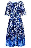 Audrey Dress #2 Boat Neck 1/2 Sleeve Long Length Cotton Stretch (Picasso Mono Flower White Multi)