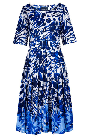 Audrey Dress #2 Boat Neck 1/2 Sleeve Long Length Cotton Stretch (Picasso Mono Flower White Multi)