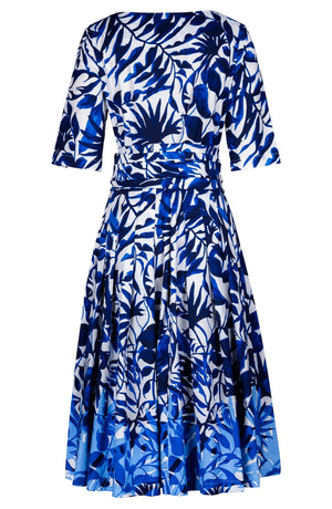 Audrey Dress #2 Boat Neck 1/2 Sleeve Long Length Cotton Stretch (Picasso Mono Flower White Multi)