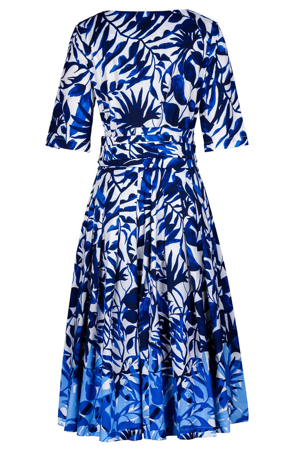 Audrey Dress #2 Boat Neck 1/2 Sleeve Long Length Cotton Stretch (Picasso Mono Flower White Multi)