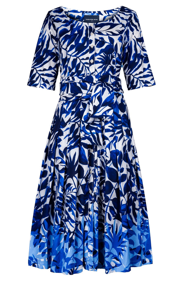 Audrey Dress #2 Boat Neck 1/2 Sleeve Long Length Cotton Stretch (Picasso Mono Flower White Multi)