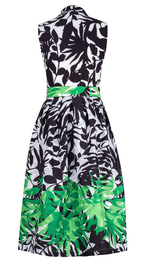 Audrey Dress #1 Shirt Collar Sleeveless Midi Length Silk Taffta (Picasso Mono Flower White Black)