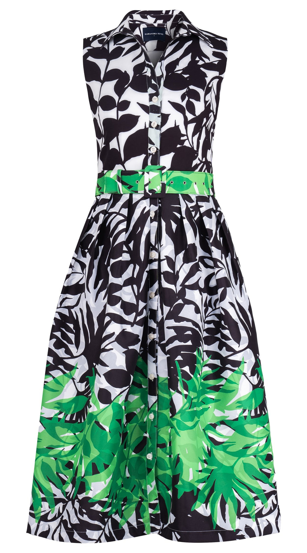 Audrey Dress #1 Shirt Collar Sleeveless Midi Length Silk Taffa (Picasso Mono Flower White Black)