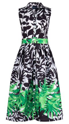 Audrey Dress #1 Shirt Collar Sleeveless Midi Length Poliamide Taffta (Picasso Mono Flower White Black)