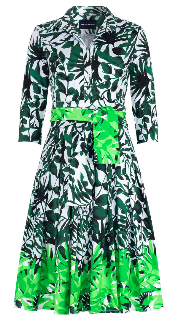 Audrey Dress #2 Shirt Collar 3/4 Sleeve Long Length Cotton Stretch (Picasso Mono White Multi)