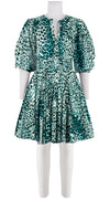 Birdy Dress #2 Crew Slit 3/4 Puff Sleeve with Hamilton Belt Petite Length Cotton Musola (Pierre Leopard White)