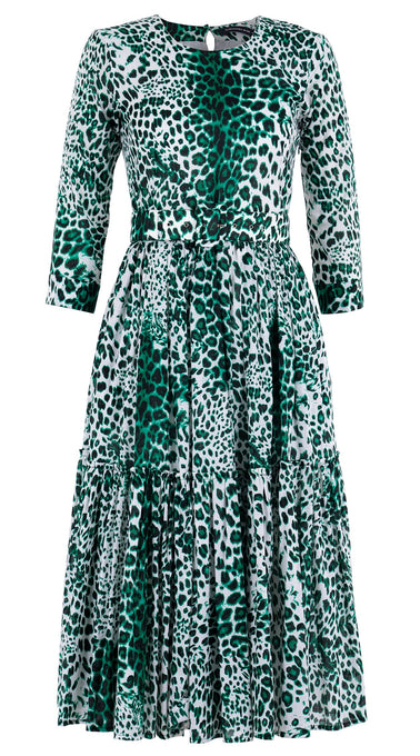 Melanie Dress #1 Crew Neck 3/4 Sleeve Midi Length Cotton Musola (Pierre Leopard White)