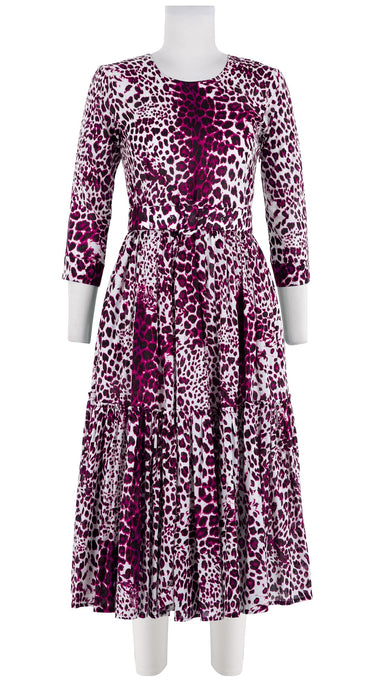 Melanie Dress #1 Crew Neck 3/4 Sleeve Midi Length Cotton Musola (Pierre Leopard White)