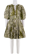 Birdy Dress #2 Crew Slit 3/4 Puff Sleeve with Hamilton Belt Petite Length Cotton Musola (Pierre Leopard White)