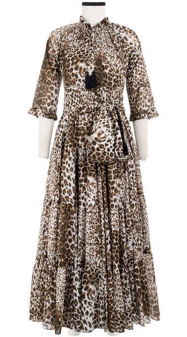 Eden Dress Crew Neck 3/4 Sleeve with Hamilton Belt Maxi Length Cotton Musola (Pierre Leoparde)