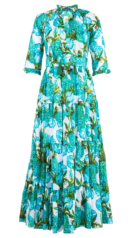 Eva Dress Crew Neck 3/4 Sleeve Maxi Length Cotton Musola (Pineapple Tree Big)