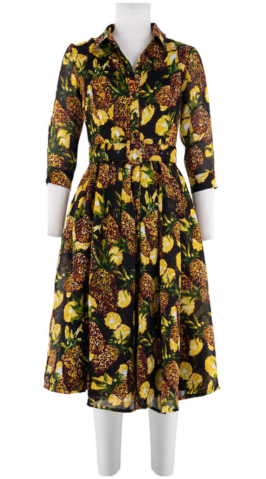 Audrey Dress #3 Shirt Collar 3/4 Sleeve Long Length Linen (Pineapple Tree Small)