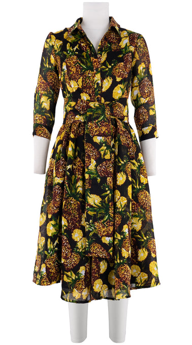 Audrey Dress #3 Shirt Collar 3/4 Sleeve Long Length Linen (Pineapple Tree Small)
