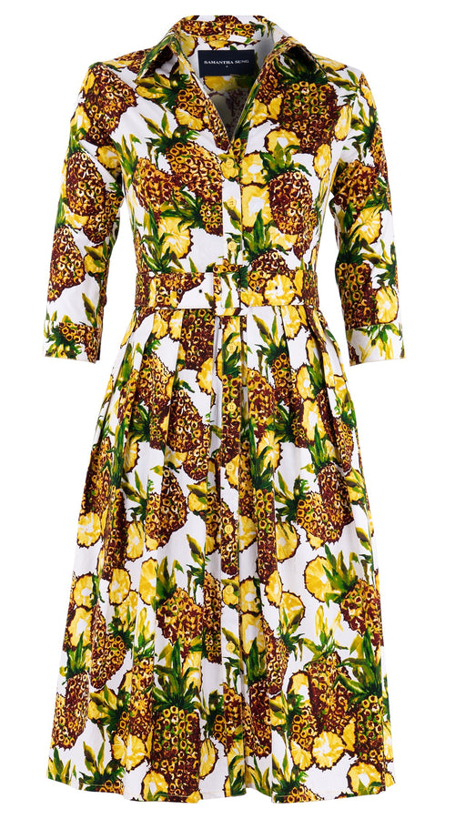 Audrey Dress #1 Shirt Collar 3/4 Sleeve Long Length Cotton Stretch (Pineapple Tree Small)