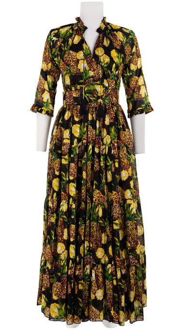 Eden Dress Crew Neck 3/4 Sleeve with Hamilton Belt Maxi Length Cotton Musola (Pineapple Tree Small)