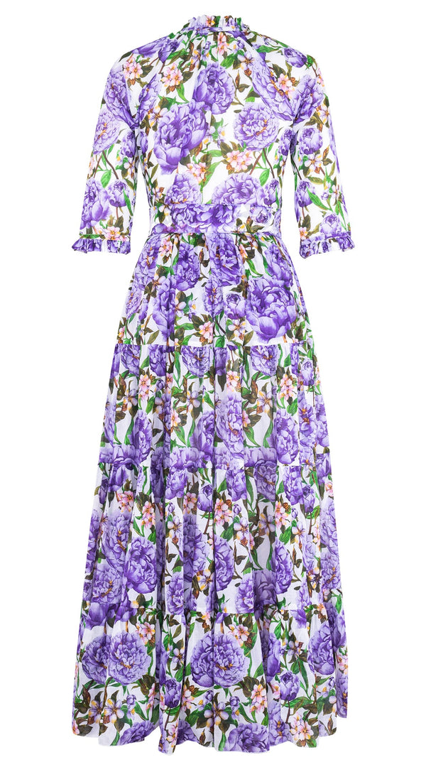 Eva Dress Crew Neck 3/4 Sleeve Maxi Length Cotton Musola (Pink Peony)