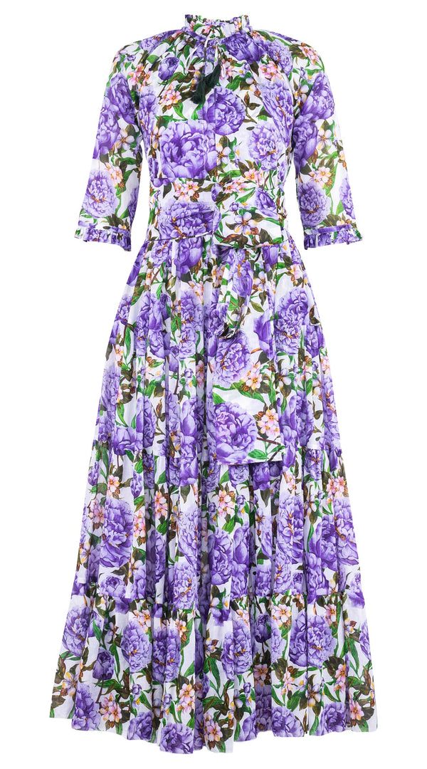 Eva Dress Crew Neck 3/4 Sleeve Maxi Length Cotton Musola (Pink Peony)