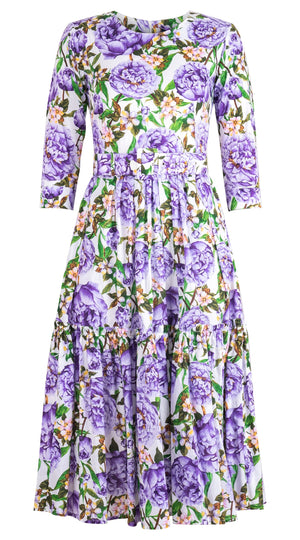 Melanie Dress Crew Neck 3/4 Sleeve Midi Length Cotton Lawn (Pink Peony)