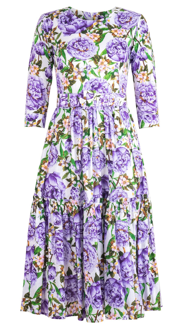 Melanie Dress Crew Neck 3/4 Sleeve Midi Length Cotton Lawn (Pink Peony)