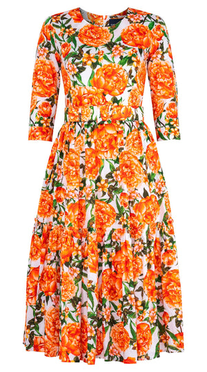 Melanie Dress Crew Neck 3/4 Sleeve Midi Length Cotton Lawn (Pink Peony)