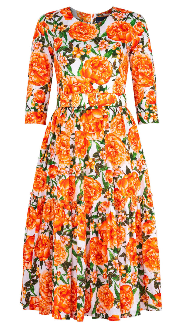 Melanie Dress Crew Neck 3/4 Sleeve Midi Length Cotton Lawn (Pink Peony)