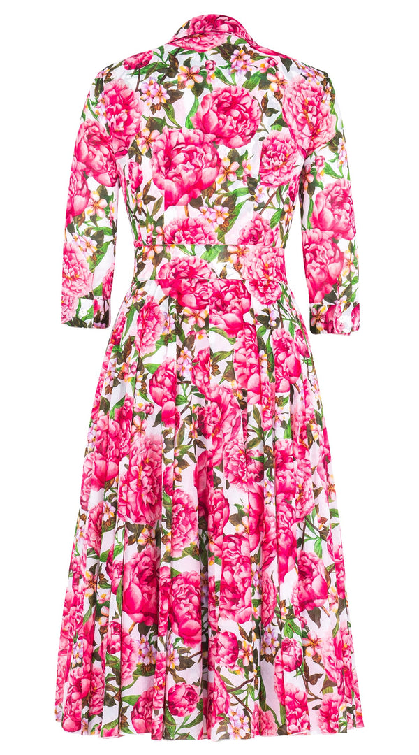 Aster Dress Shirt Collar 3/4 Sleeve Midi Length Cotton Musola (Pink Peony)