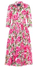 Aster Dress Shirt Collar 3/4 Sleeve Midi Length Cotton Musola (Pink Peony)