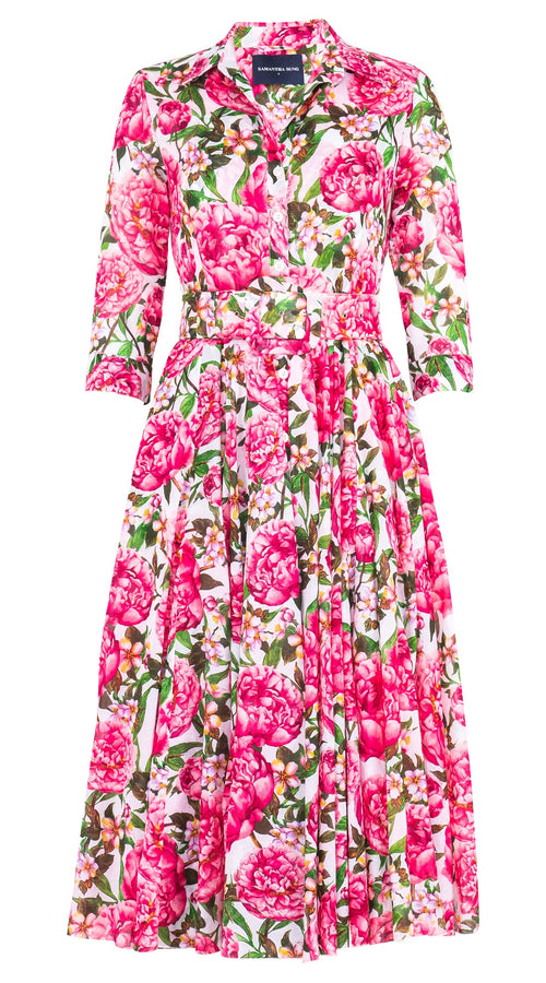 Aster Dress Shirt Collar 3/4 Sleeve Midi Length Cotton Musola (Pink Peony)