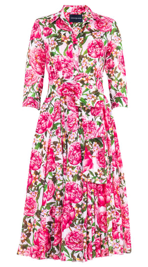 Aster Dress Shirt Collar 3/4 Sleeve Midi Length Cotton Musola (Pink Peony)