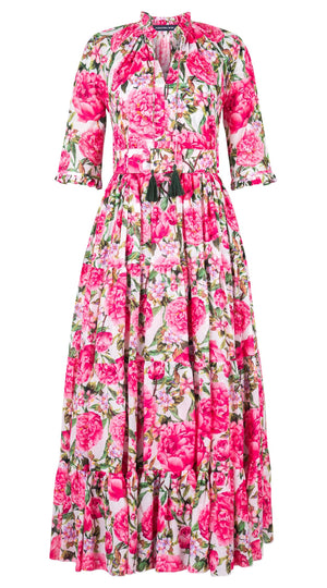 Eva Dress Crew Neck 3/4 Sleeve Maxi Length Cotton Musola (Pink Peony)