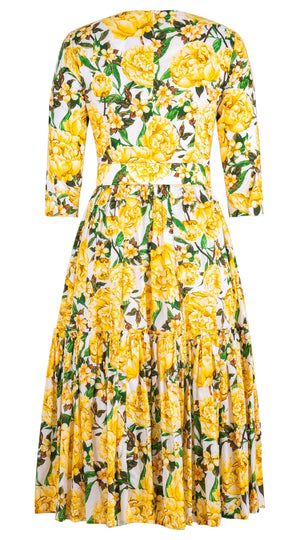 Melanie Dress Crew Neck 3/4 Sleeve Midi Length Cotton Lawn (Pink Peony)