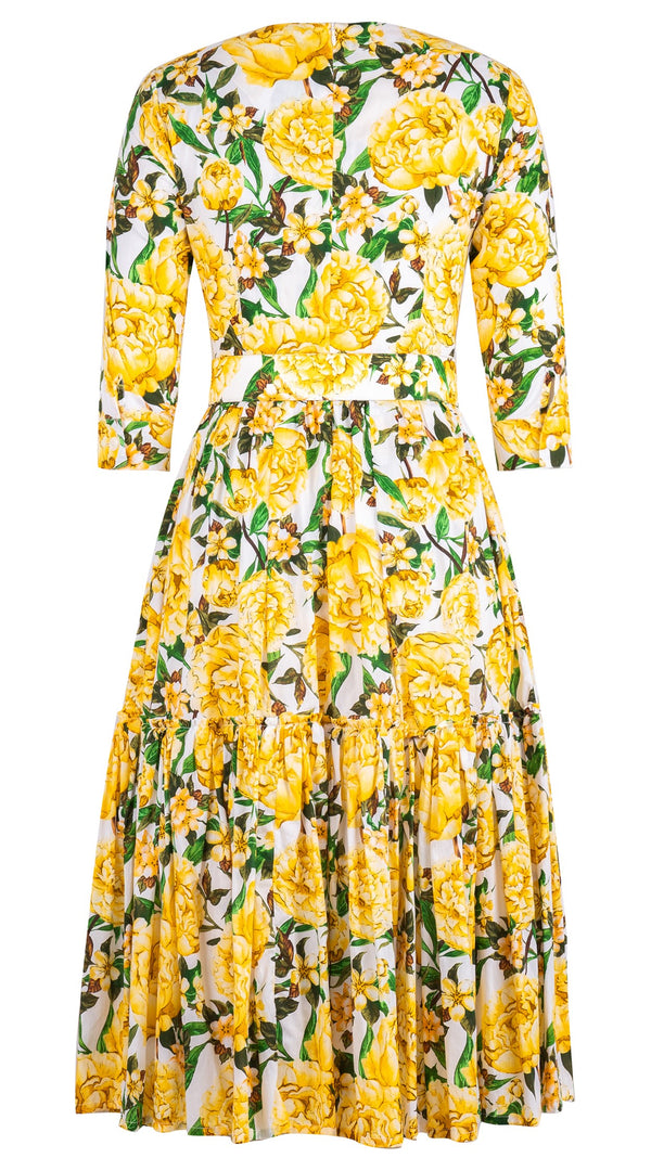 Melanie Dress Crew Neck 3/4 Sleeve Midi Length Cotton Lawn (Pink Peony)