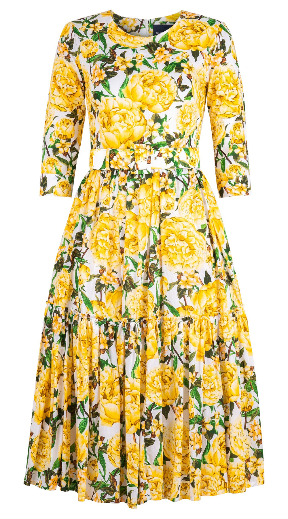 Melanie Dress Crew Neck 3/4 Sleeve Midi Length Cotton Lawn (Pink Peony)