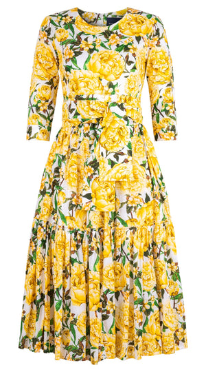 Melanie Dress Crew Neck 3/4 Sleeve Midi Length Cotton Lawn (Pink Peony)