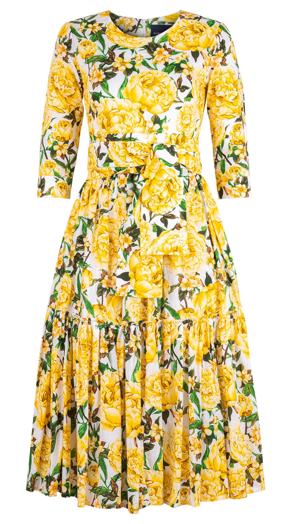 Melanie Dress Crew Neck 3/4 Sleeve Midi Length Cotton Lawn (Pink Peony)