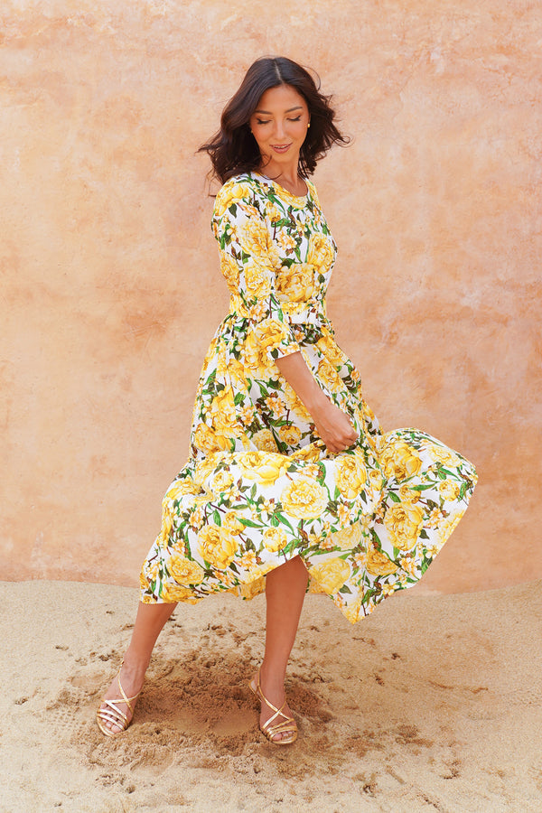 Melanie Dress Crew Neck 3/4 Sleeve Midi Plus Length Cotton Lawn (Pink Peony)