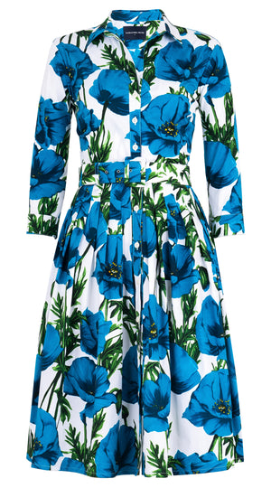 Audrey Dress #1 Shirt Collar 3/4 Sleeve Long Length Cotton Stretch (Poppy Polland)