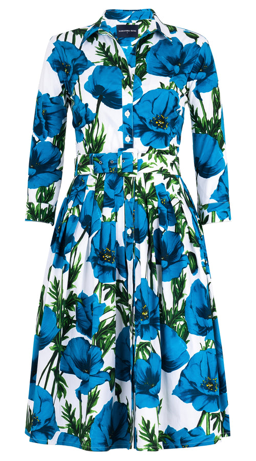 Audrey Dress #1 Shirt Collar 3/4 Sleeve Long Length Cotton Stretch (Poppy Polland)