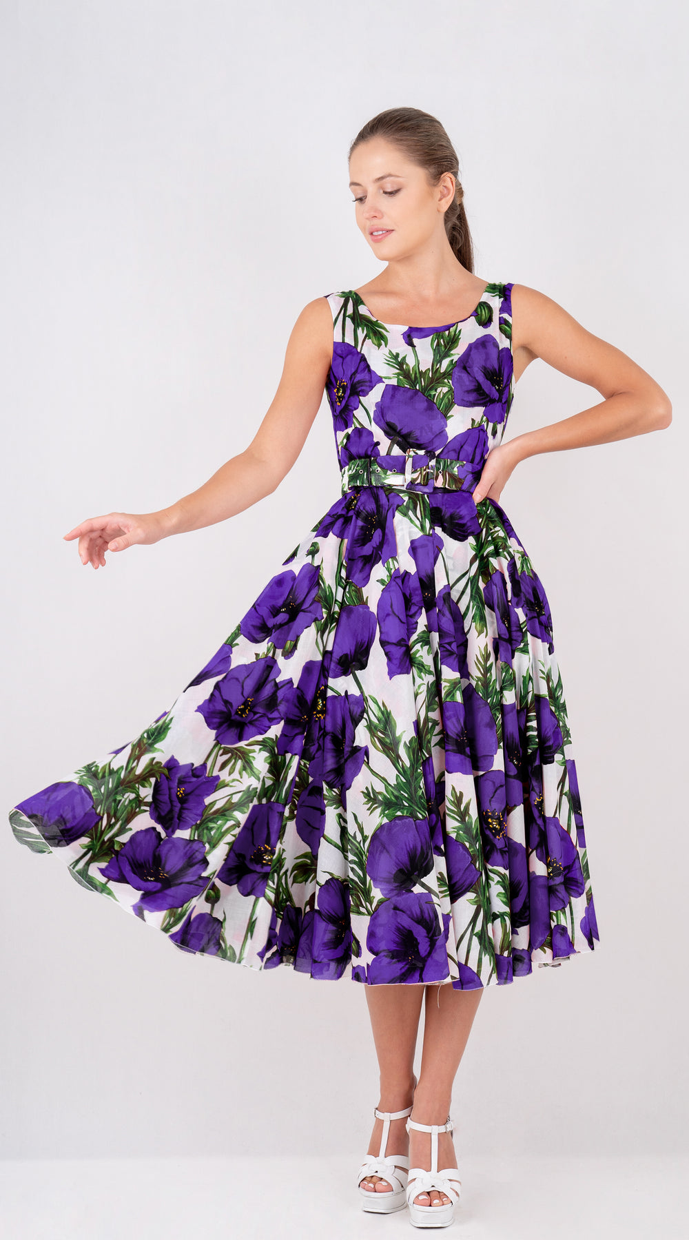 Aster  Dress Boat Neck Sleeveless Midi Length Cotton Musola (Poppy Poland Big)