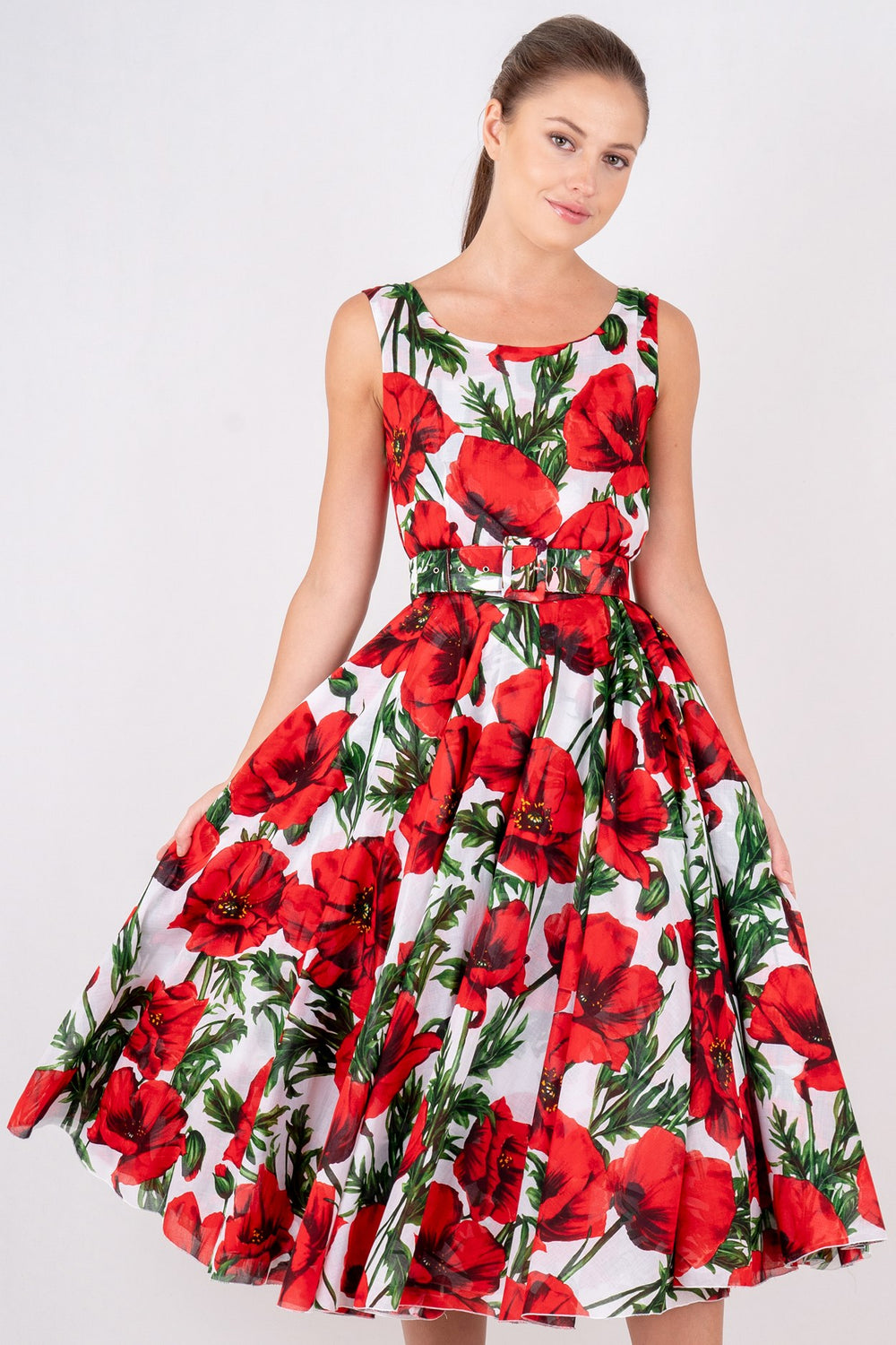 Aster  Dress Boat Neck Sleeveless Midi Length Cotton Musola (Poppy Poland Big)