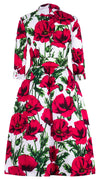 Lana Dress Shirt Collar 3/4 Sleeve Midi Length Cotton Stretch (Poppy Polland)