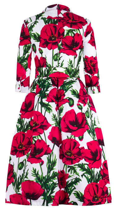 Lana Dress Shirt Collar 3/4 Sleeve Midi Length Cotton Stretch (Poppy Polland)