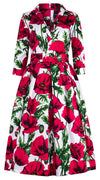 Lana Dress Shirt Collar 3/4 Sleeve Midi Length Cotton Stretch (Poppy Polland)